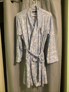 Lauren Ralph Lauren Light Blue and White Paisley Wrap Robe